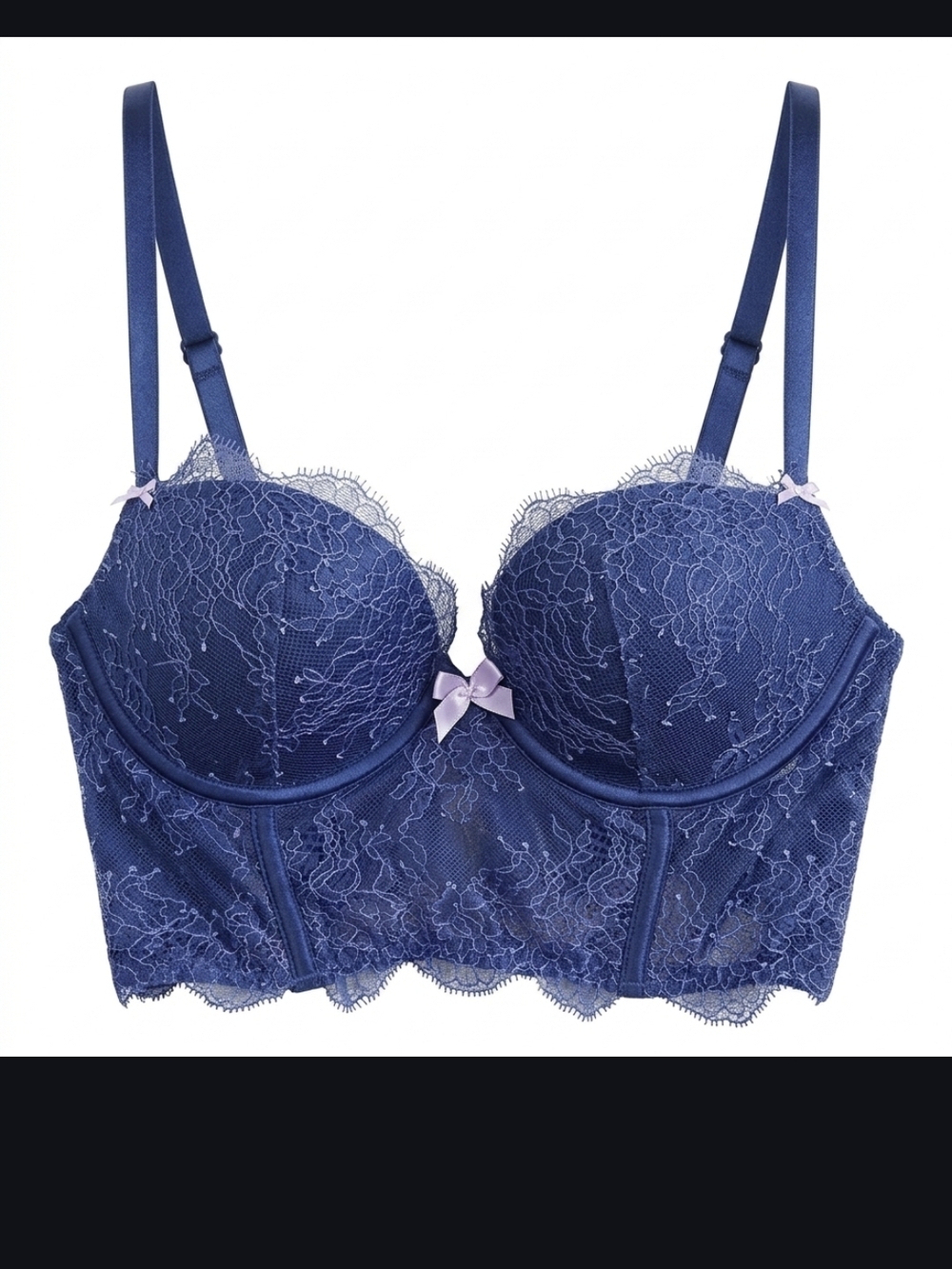 Victoria's Secret Navy Lace Longline Push-Up Bra with Lilac Bow